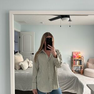 Zara Green and White Striped Blouse